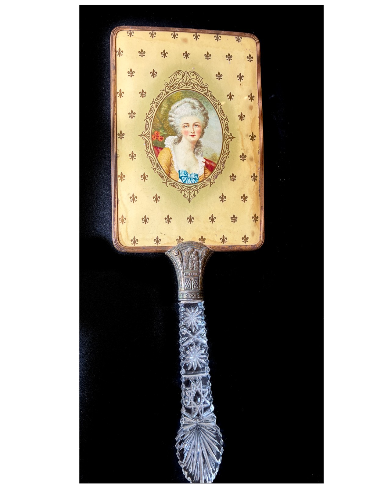 Vintage Marie Antoinette Woman\'s Hand Mirror with Cut Glass Art Deco Handle