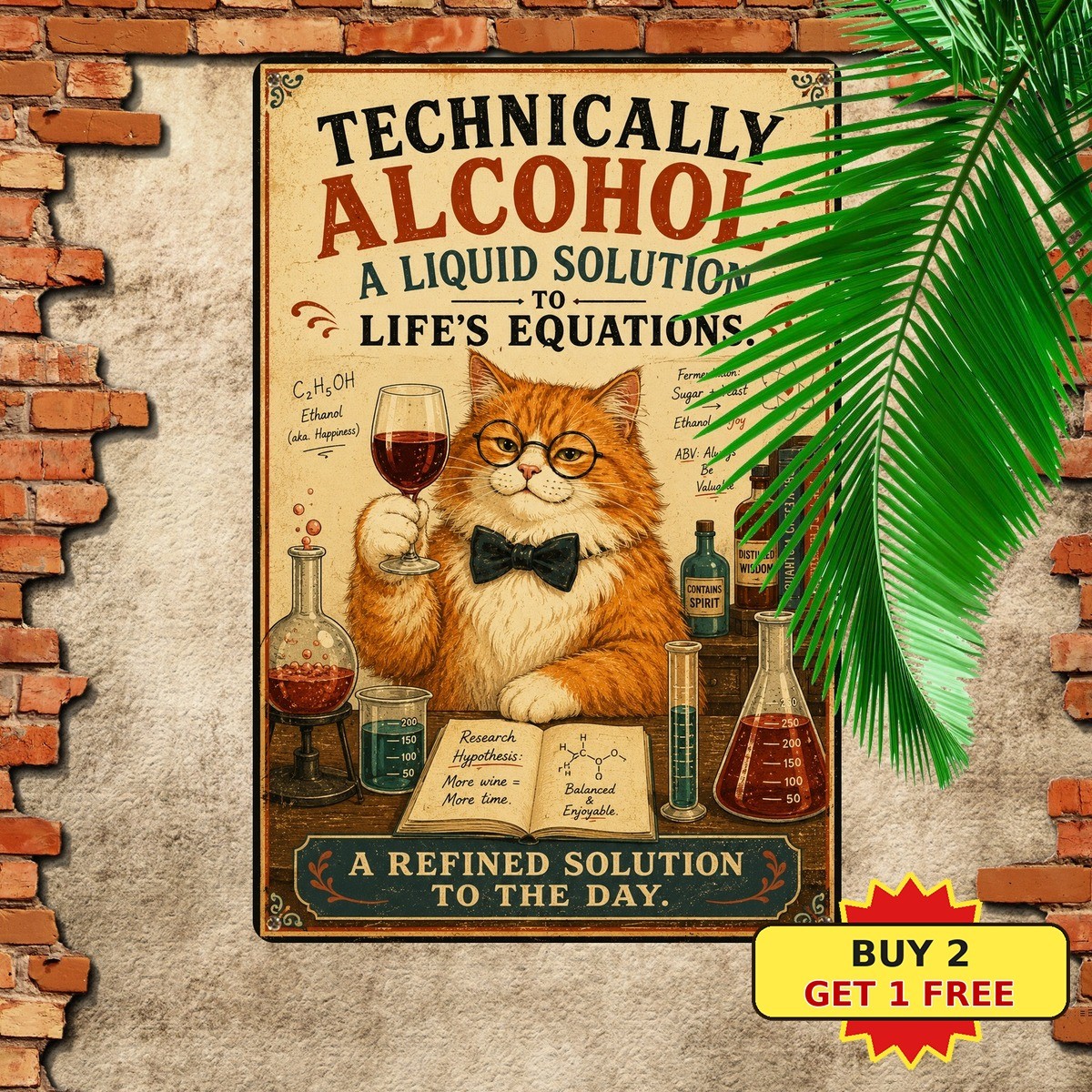 Technically Alcohol Is A Solution Funny Science Cat Bar Metal Tin Sign Plaque