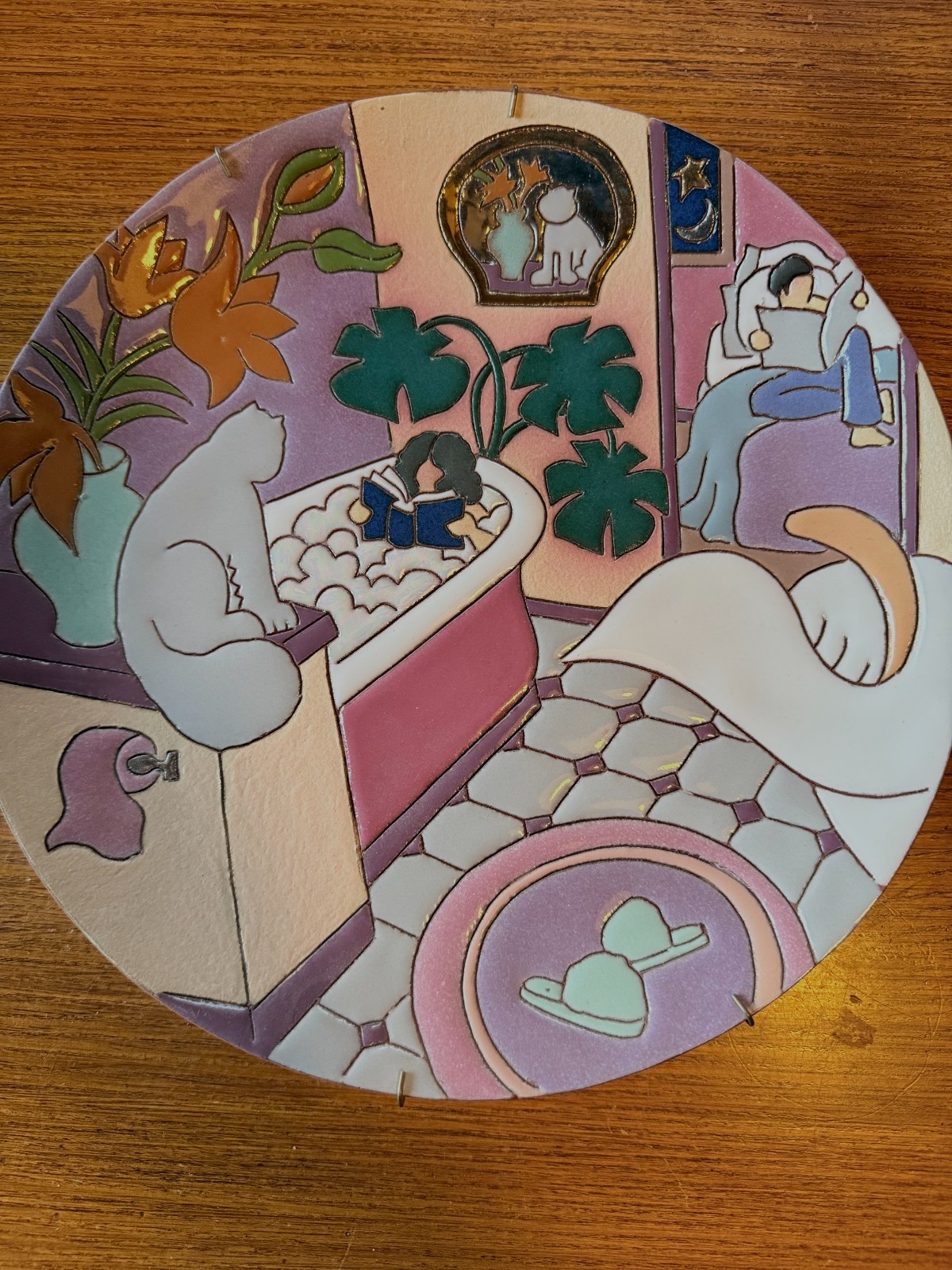 Judy Miller Couple Reading in Tub & Bed (with cats) Pottery Plate 10 7/8