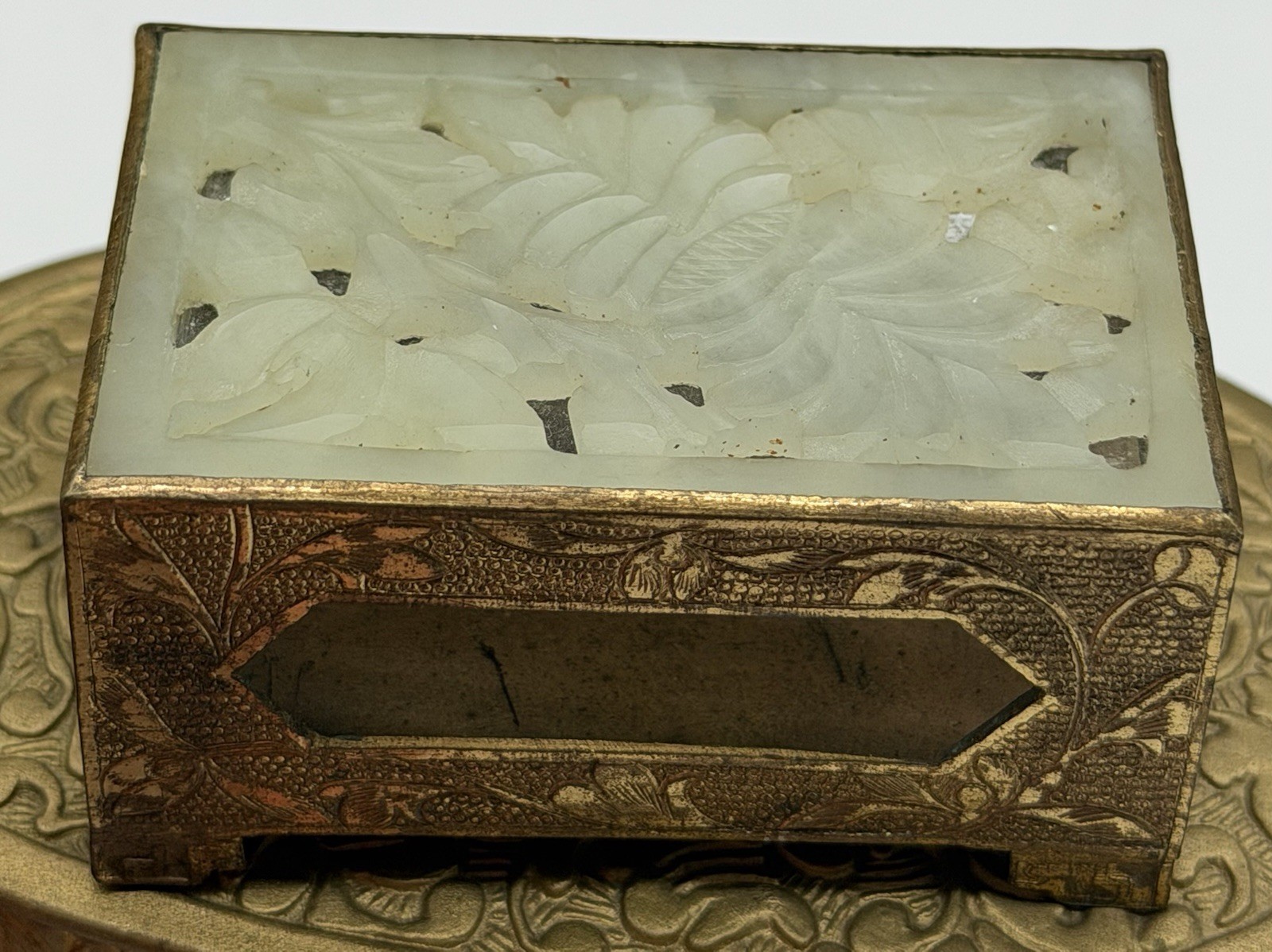 Chinese Brass Vintage Ornate Jade On Glass Is A Etched Match Box Holder W/ Legs