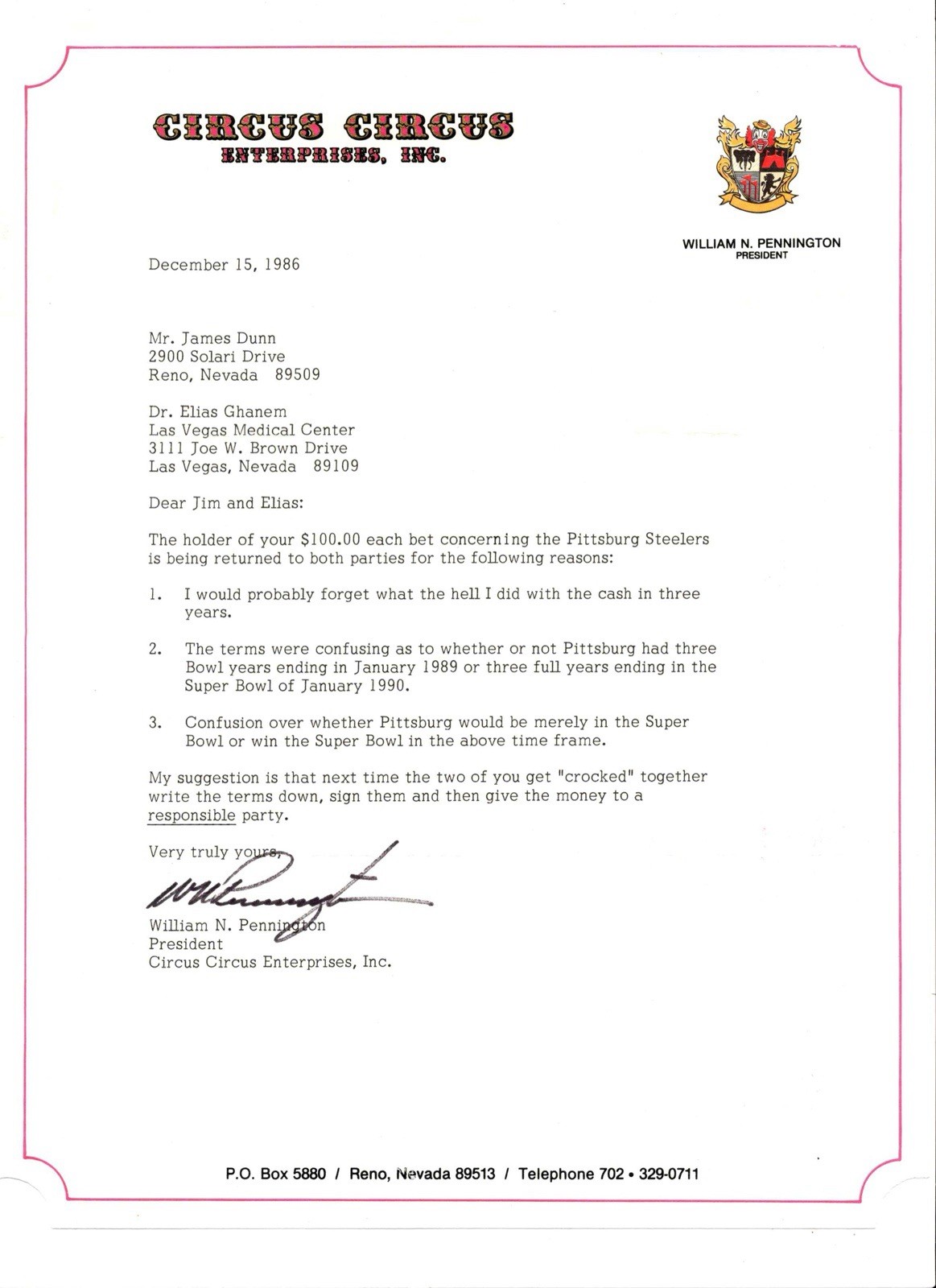 1986 William N Pennington Signed Circus Circus Letter Steelers Super Bowl Bet