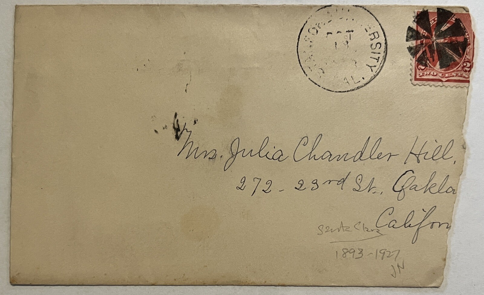 FANCY CANCEL 1890s OAKLAND CALIFORNIA COVER SENT FROM STANFORD UNIVERSITY