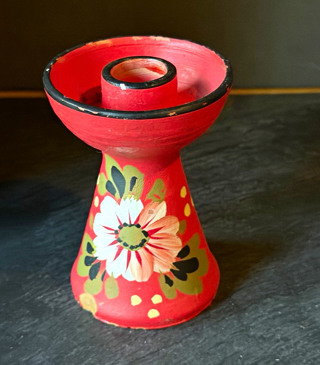 Vintage Italian Pottery Candle Holder MCM Hand Painted Floral Red Redware Italy
