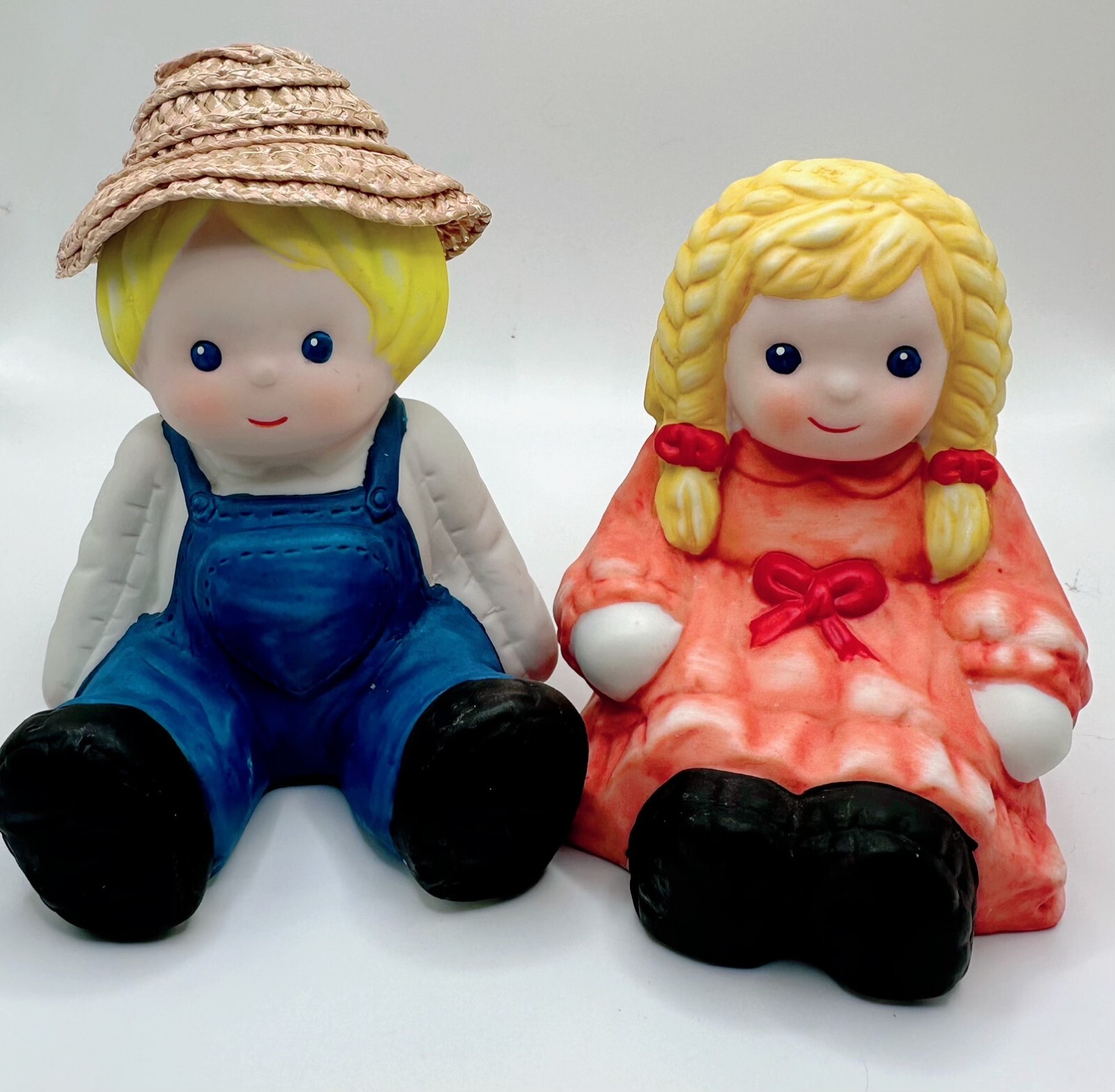 1988 Trippies Ceramic Boy & Girl Figurine Pair Vintage Country Farmhouse Decor