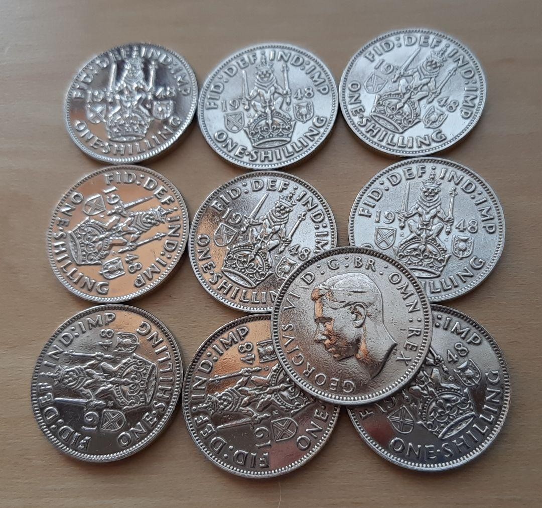 British 1948 George VI Silver Shilling Coin Set, Fine Condition, 10 pcs