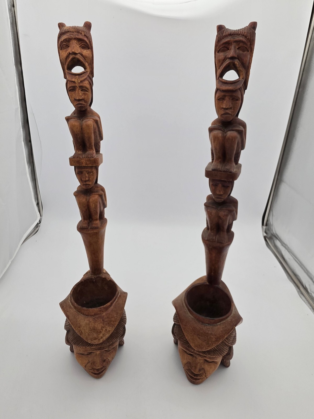 Vintage Pair Hand Carved Wood Figural Pipes African Tribal Style Folk Art 27