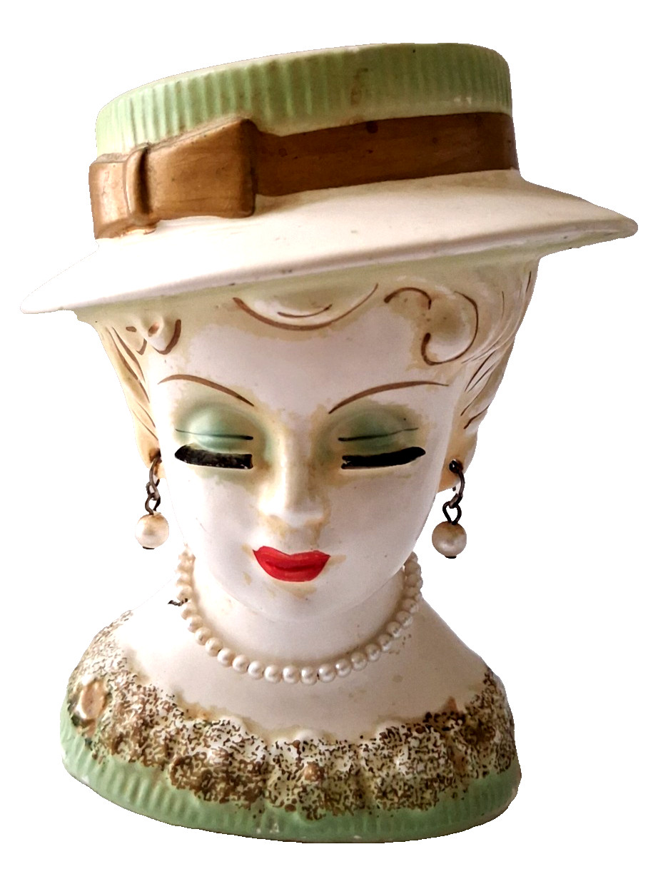 Vintage Lady Head Vase Lee Wards Japan Green Hat Faux Pearl Necklace Earrings 5\