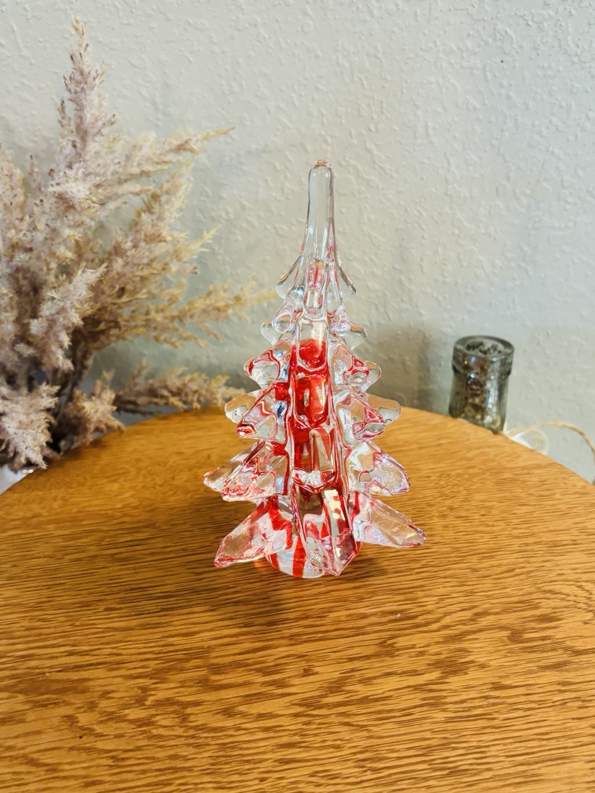 RARE Vintage Holiday Crystal Christmas Tree With Ruby Red Ribbon Swirl 6”
