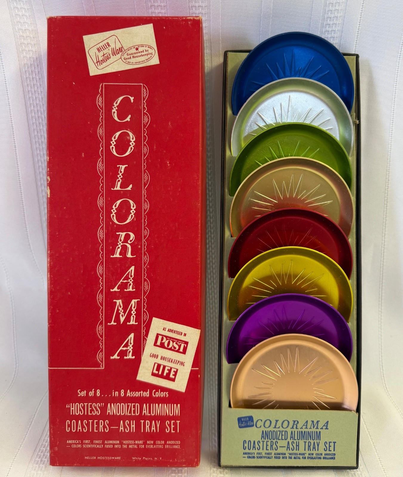 Vintage Heller Hostess-Ware COLORAMA Aluminum Coasters Ashtray Set Box Set of 8