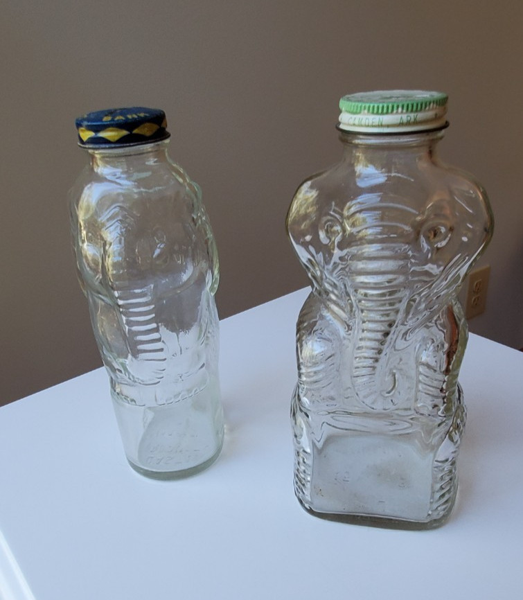 2 Vintage Elephant Glass Bottle Coin banks - Lucky Jumbo & Grapette