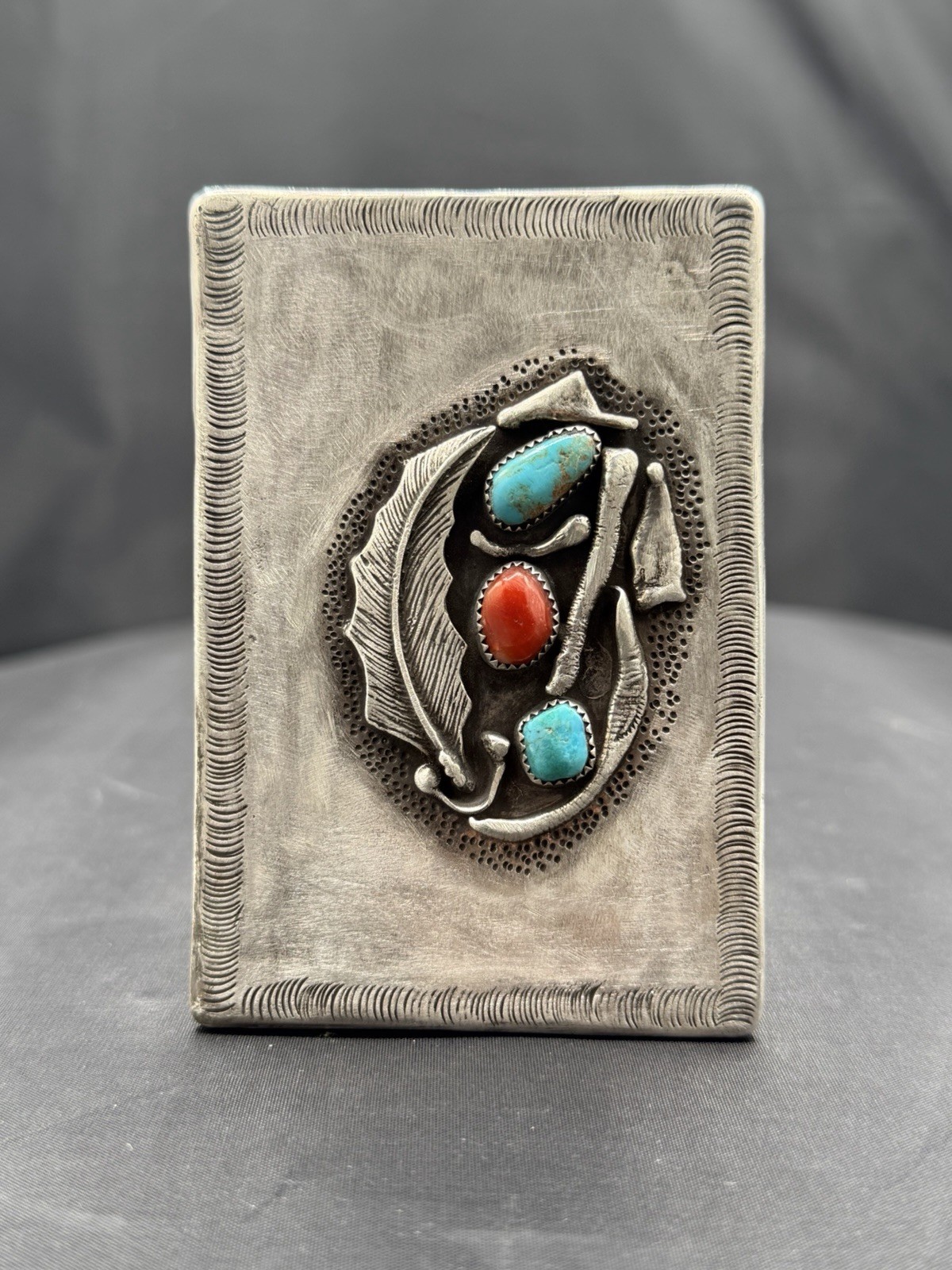 Vintage Native American Zuni Silver Tobacco Pocket Box Snake Turquoise Coral 925