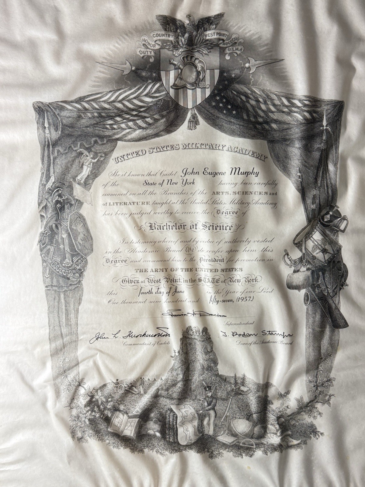 1957 West Point Military Academy Diploma Original US Army Officer Framed