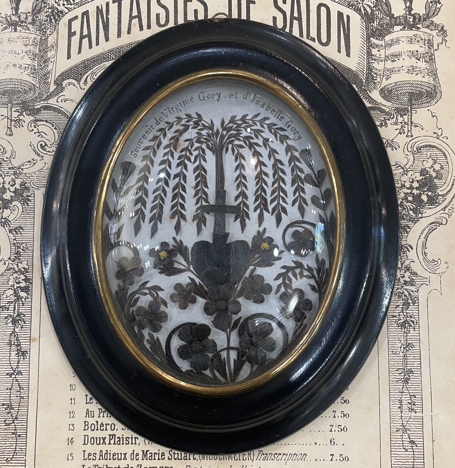Rare Large Antique French Mourning Hair Art Domed Glass Wooden Frame Heart c1880