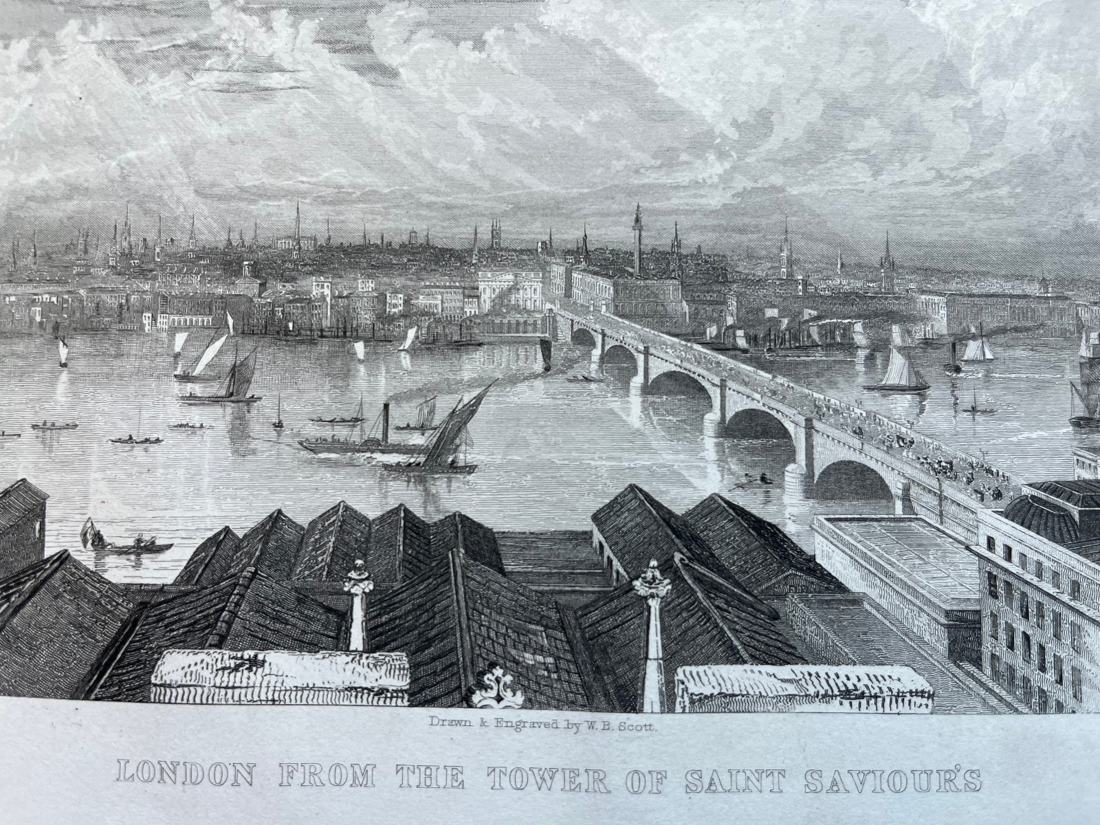 Antique Engraving of London from the Tower of St. Saviour\'s 1843 N840