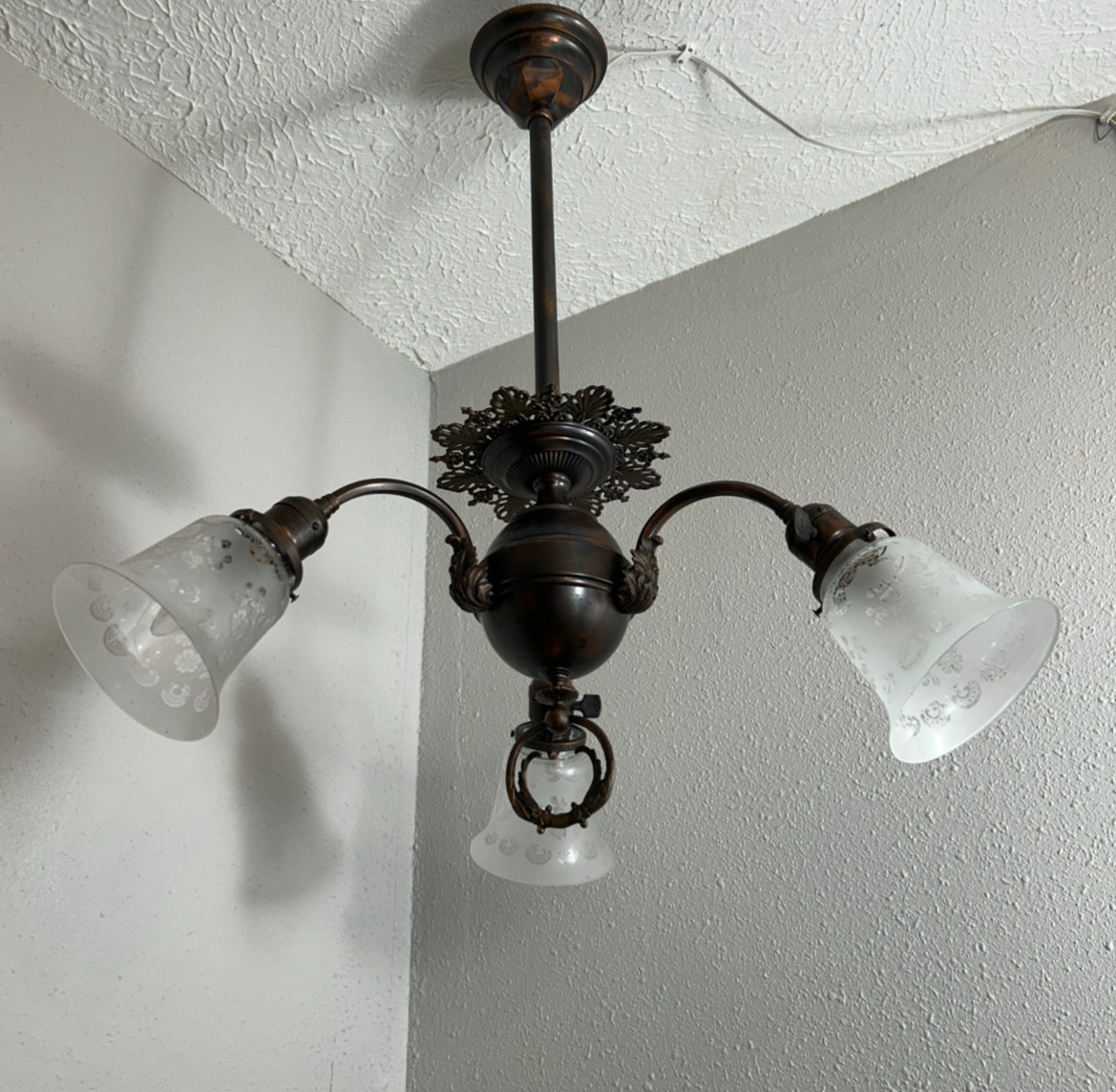 antique victorian 3 light Japanned Brass light Fixture