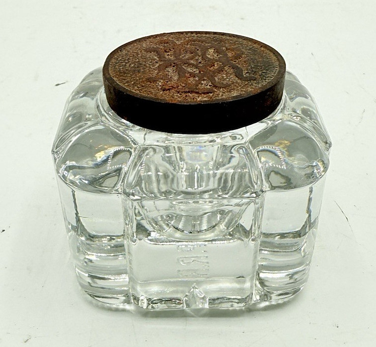 Antique Pennsylvania Railroad PRR Cast Glass Desk Inkwell w/ Embossed Metal Lid