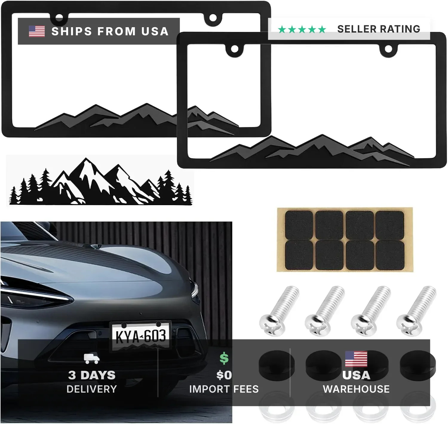 2PCS Car License Plate Frames Mountains,Stylish Raised Mountain License Plate Fr