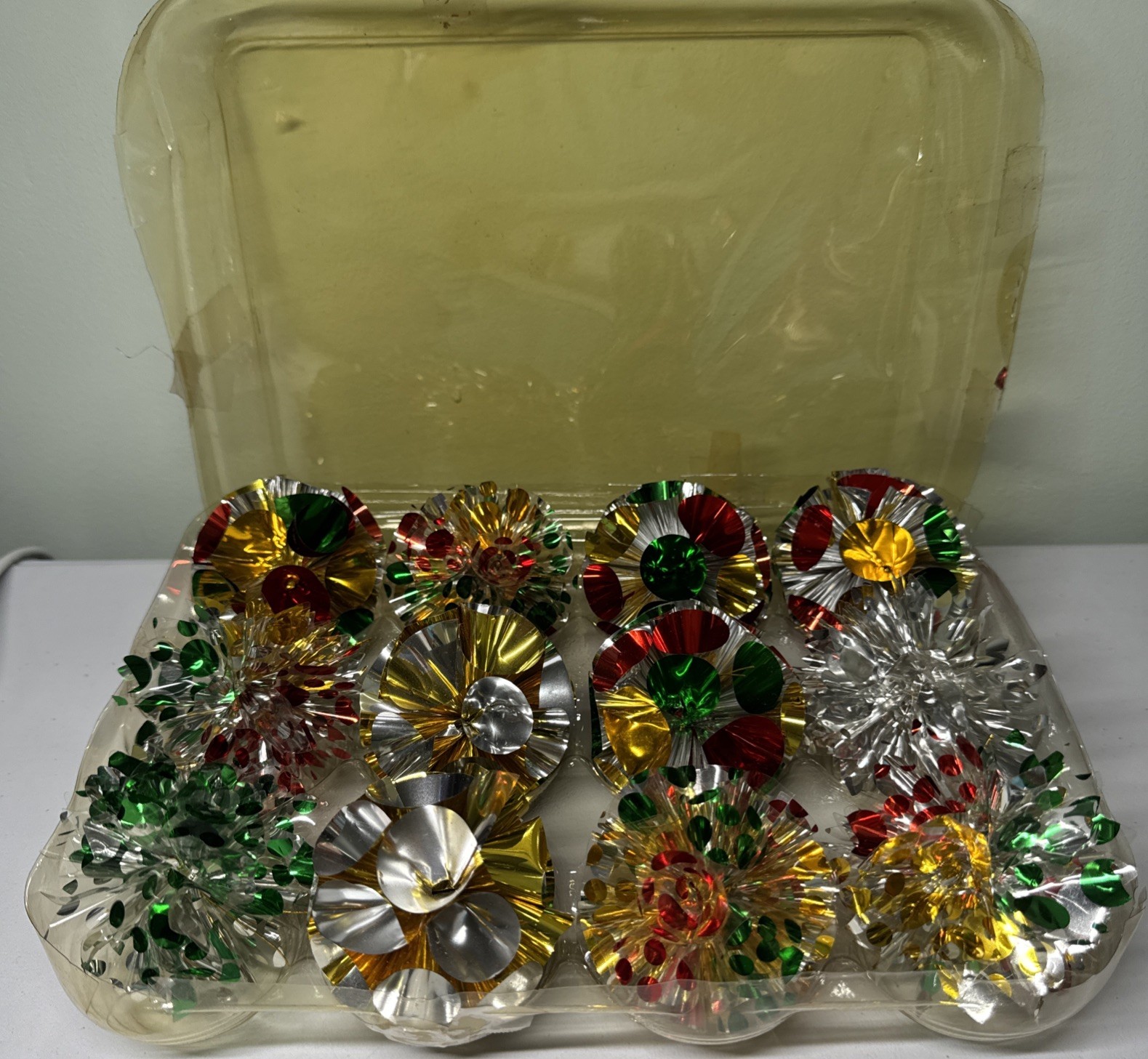 VTG Rare 12 Christmas Metallic Atomic Foil Pom Pom Ornaments Original Box *READ