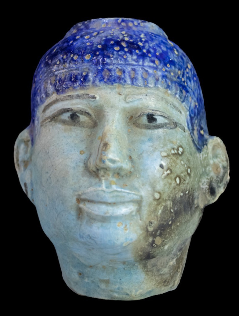 Ancient Egyptian Pharaoh Head Bust Rare Blue Crown Faience Statue Figurine BC