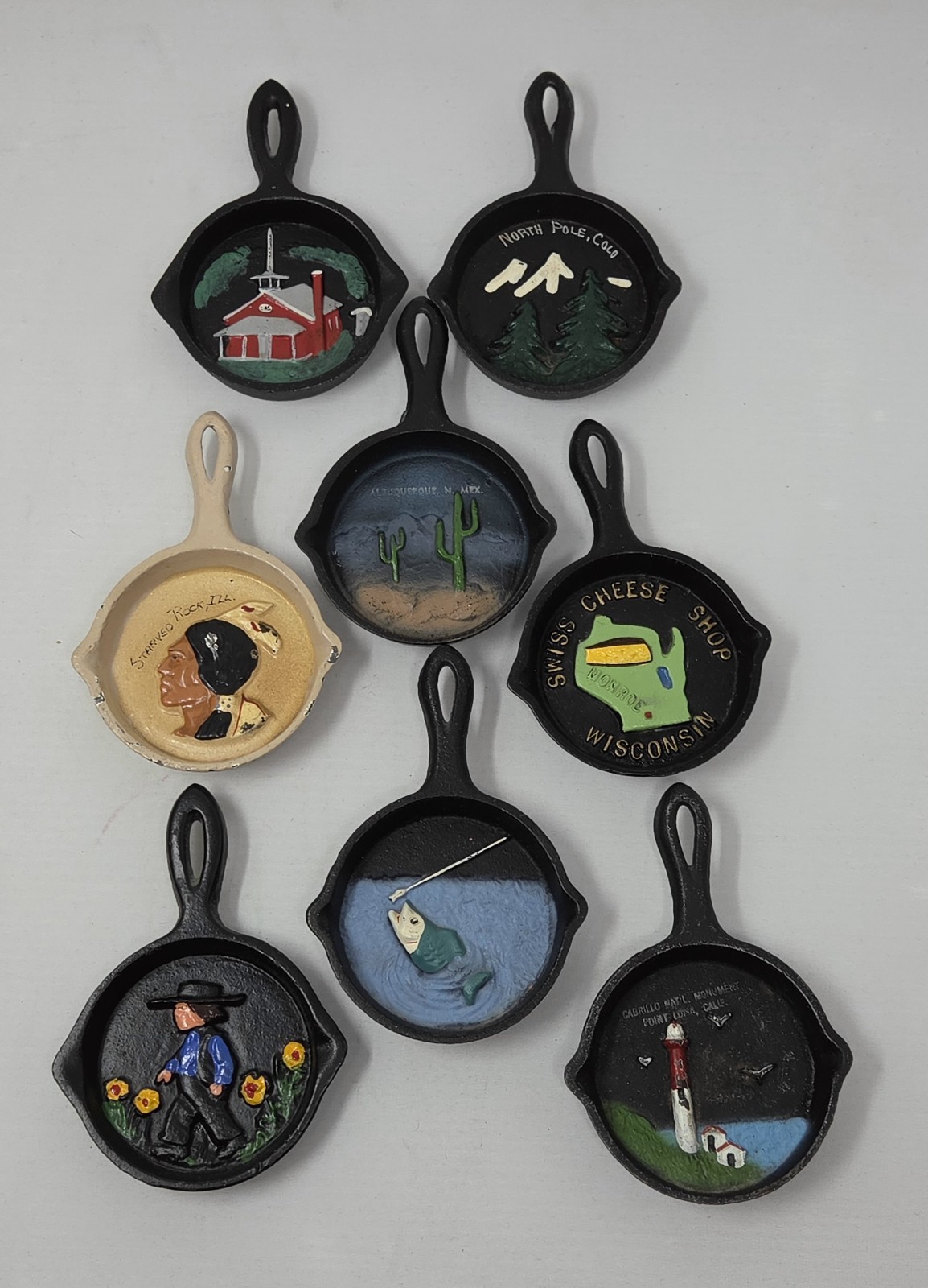 8 Vintage Miniature Souvenir CAST IRON Skillets 