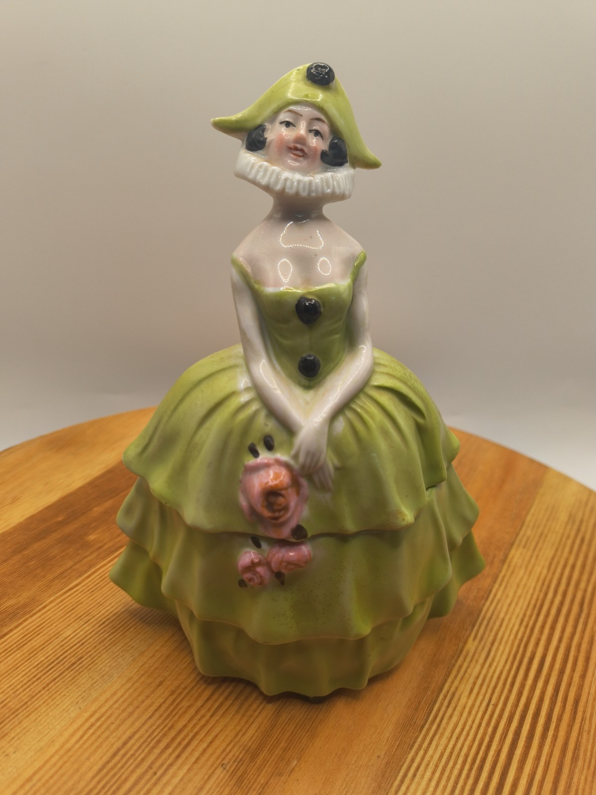 Vtg German Porcelain Pierrot Pierrette Lady Powder Box Trinket Jar Green Germany