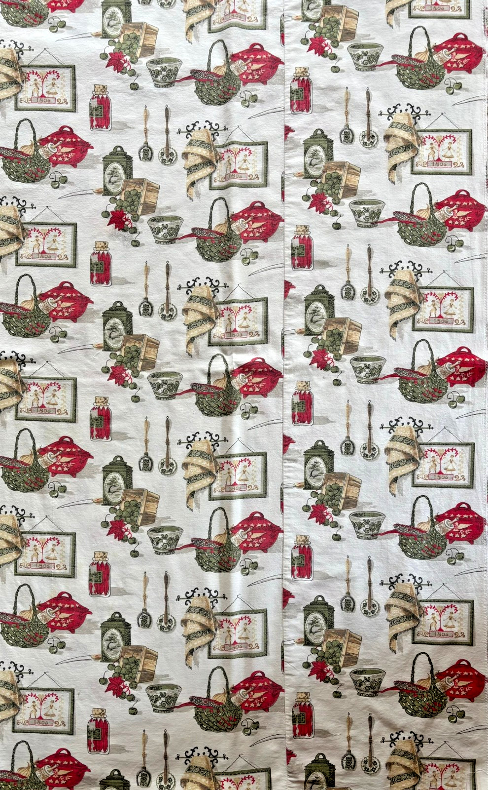 Vintage 60s Kitchen Theme Tablecloth 100% Cotton Red Green Cream Mid Century