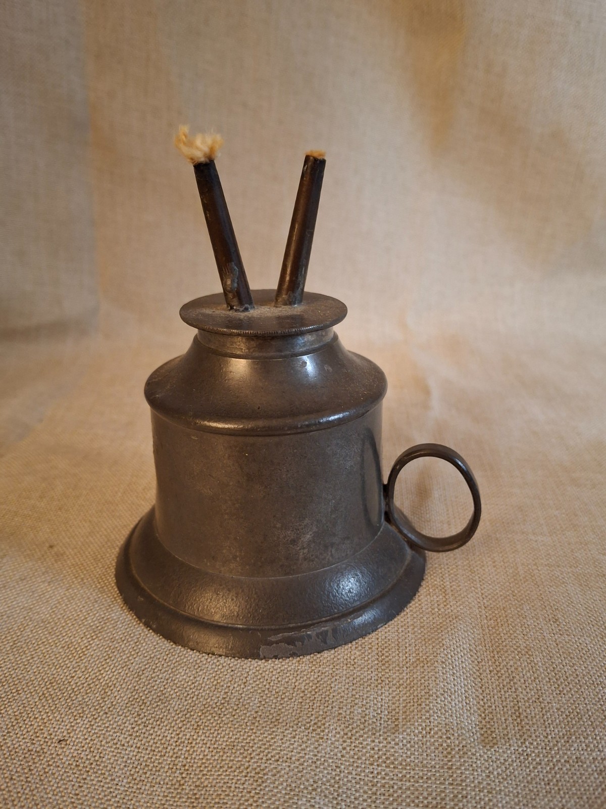 Antique 1840s Pewter Bell Finger Lamp Double Tube Camphene Whale Oil Burner 4.5