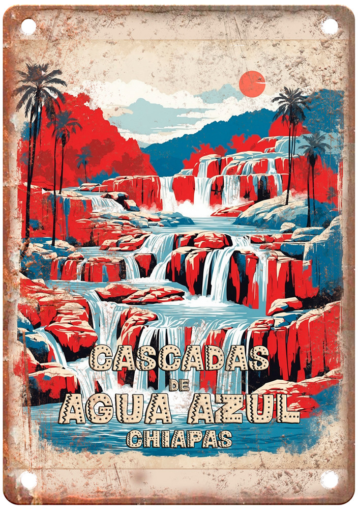 Vintage cascadas de agua azul  mexico retro Look Travel Poster Metal Sign T3294