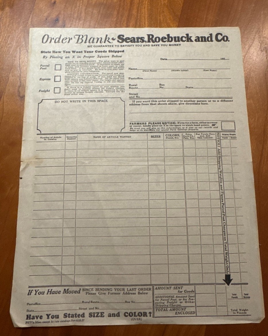 FREE SHIP 1927 Sears, Roebuck And Co. Order Form Blank RARE
