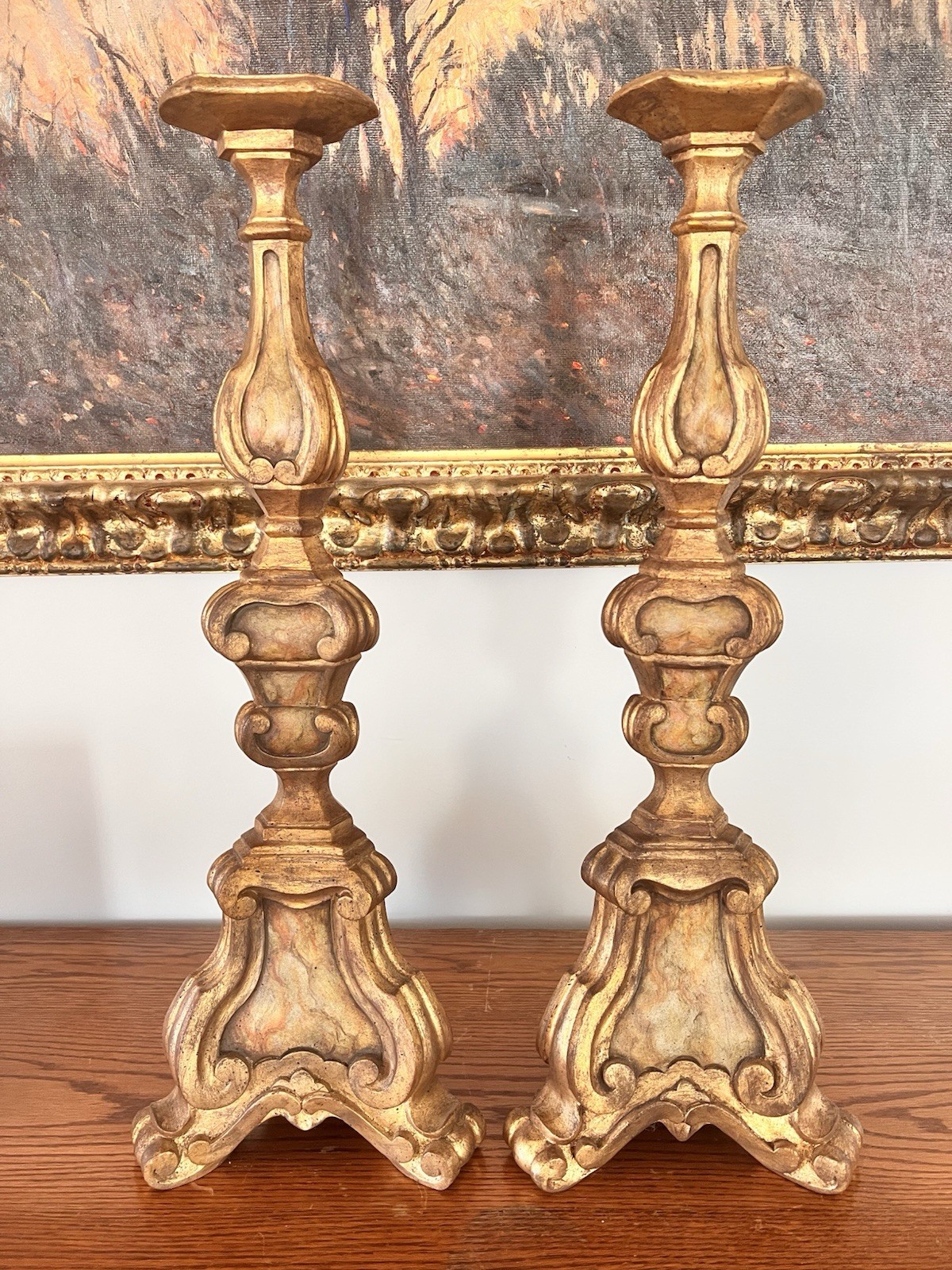 Pair Vintage Italian Wood Painted Altar Candlesticks Lamp Base Baroque Rococo
