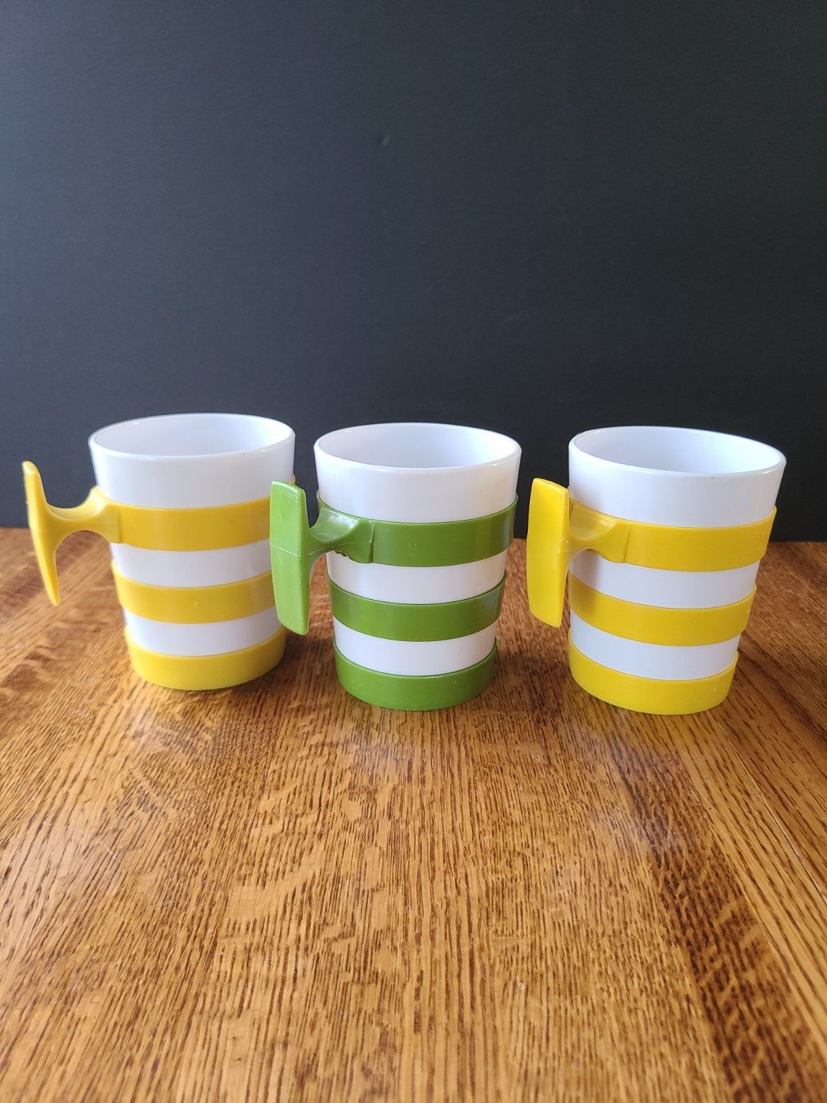 Vtg 1970s DEKA Set Of 3 Striped Mug Cups T Handle Retro MCM Plastic Yellow Green