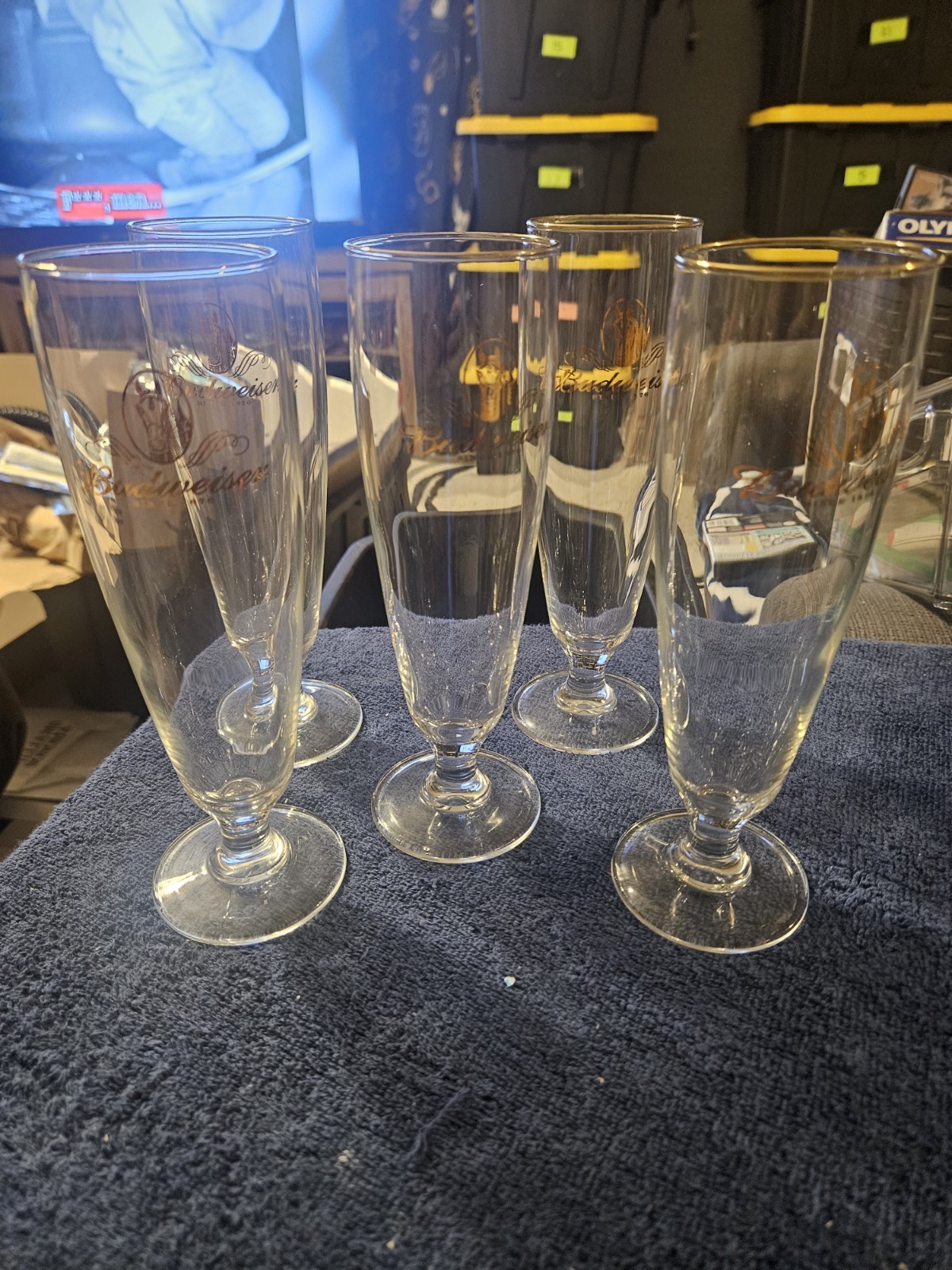 New Vtg Budweiser Millennium Pilsner Beer Glasses Gold Rim Footed Set of 5...