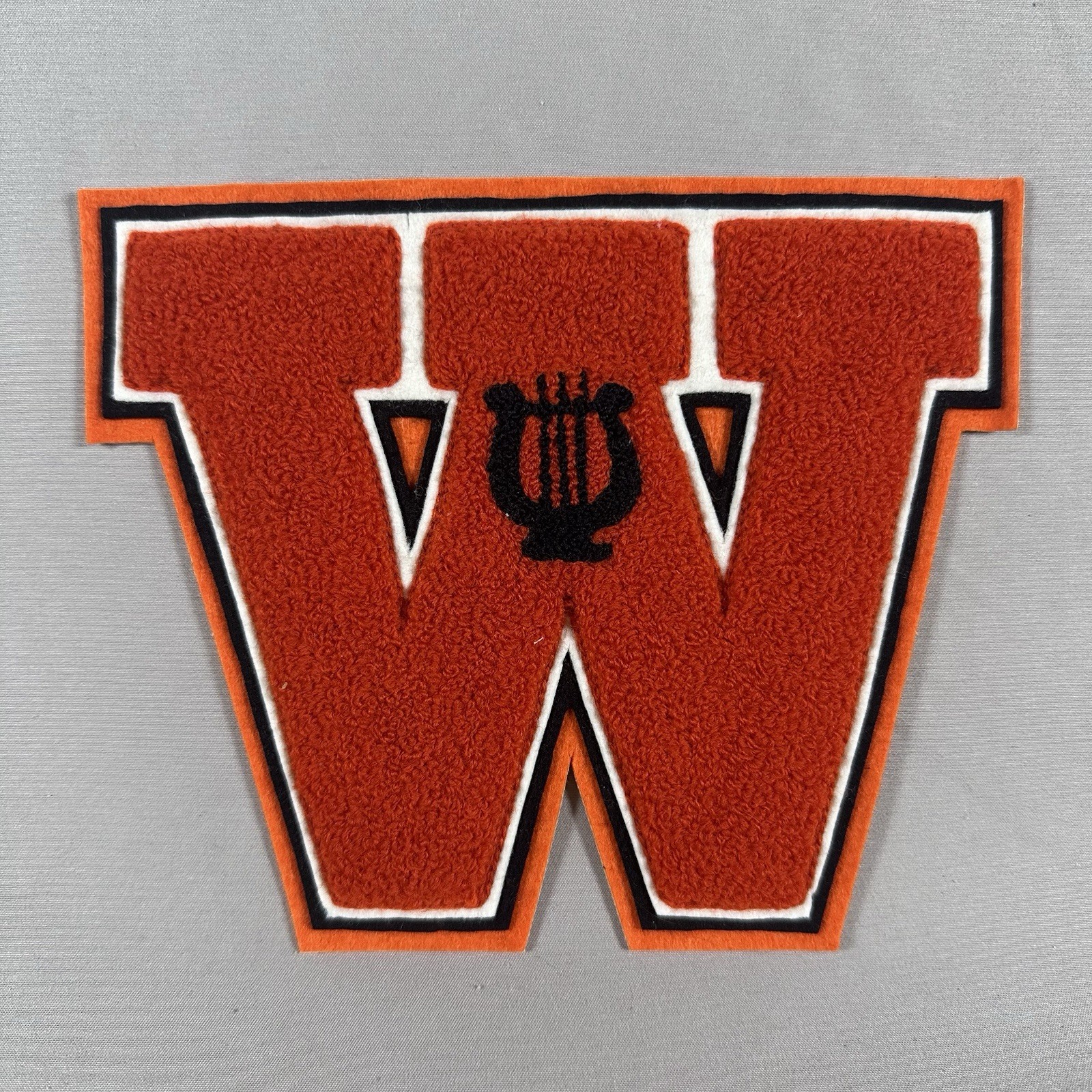 VTG Orange Chenille Letter W Patch Black/White Border 7x6” College HS Varsity