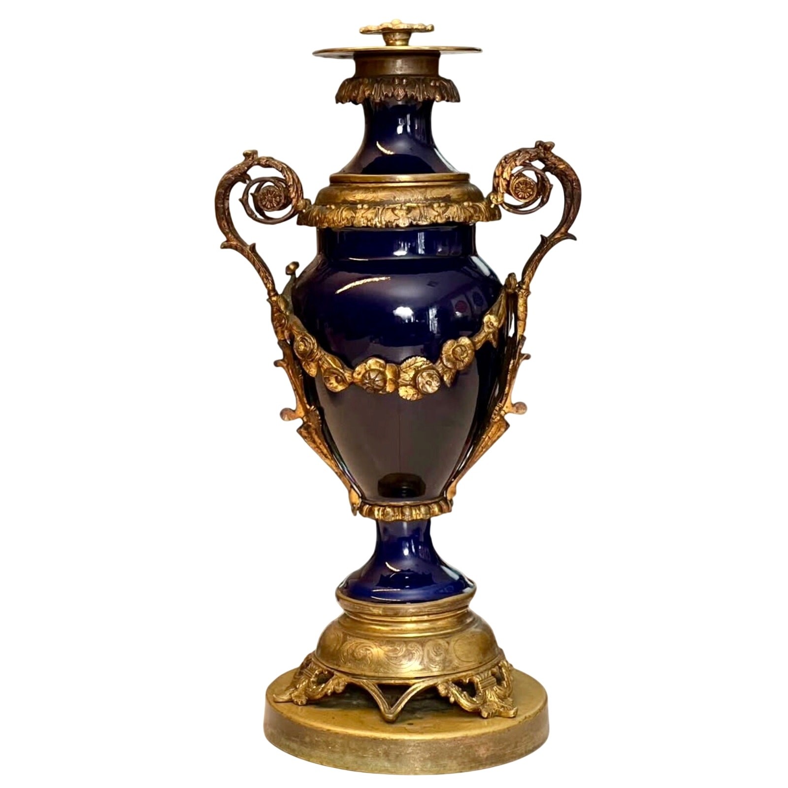 Large Antique French Sevres-Style Cobalt Blue Porcelain Urn Bronze Mounted 19
