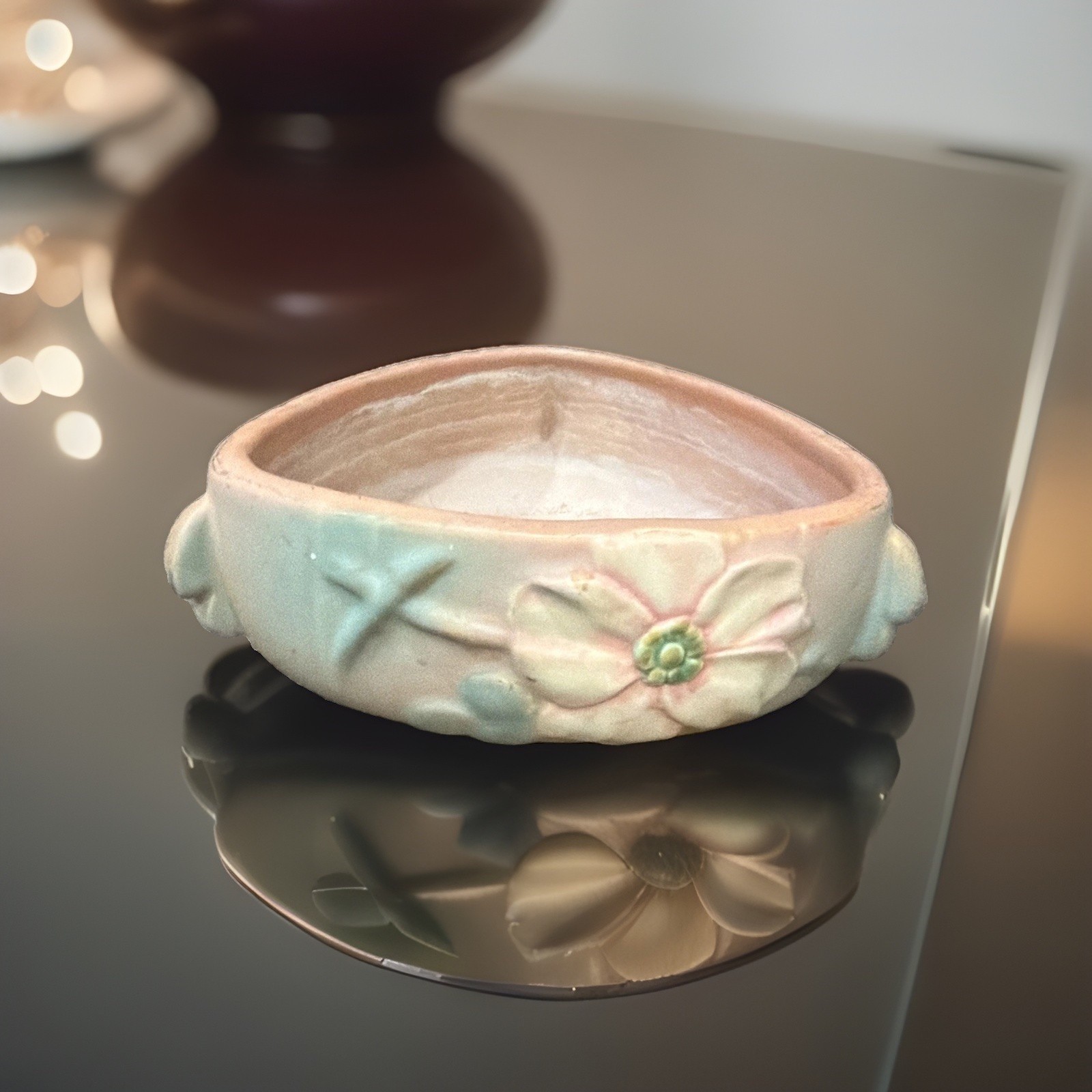 Vintage Weller Triangular Art Pottery Bowl Circo 1930-40’s Wild Rose Decor 6 1/2