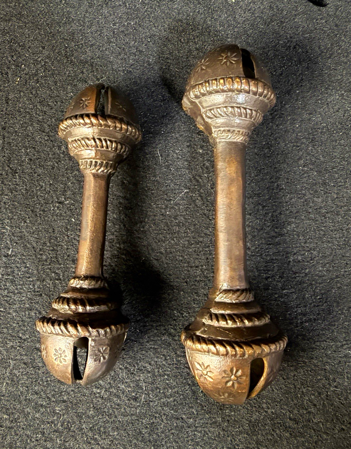 Vintage Pair Brass Double Ended Embossed Flower Rattle Bells, 2 Sizes