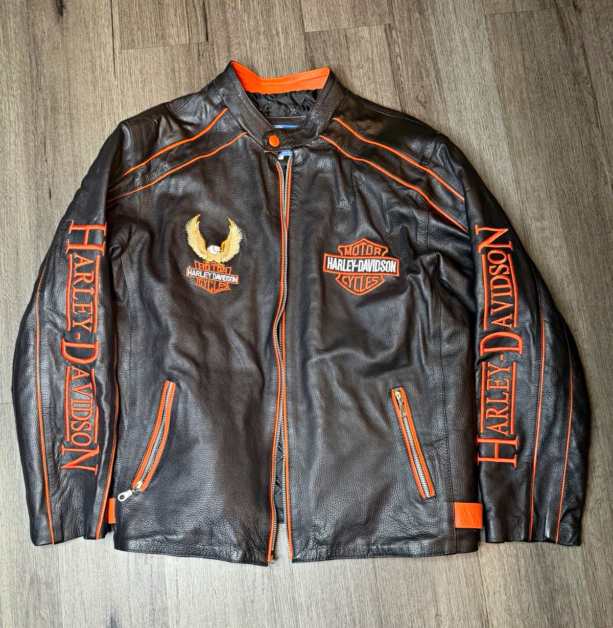 Harley-Davidson Black Leather Jacket with Orange Trim Eagle Logo