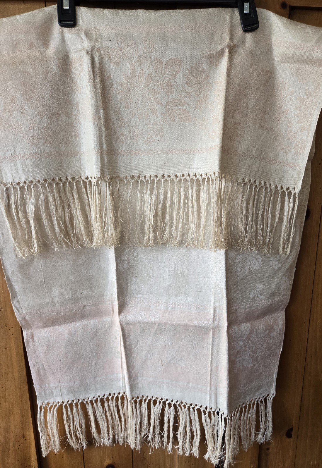 Antique 19thc Pink Damask and Cream Tea Guest Table Runner Towel with Fringe