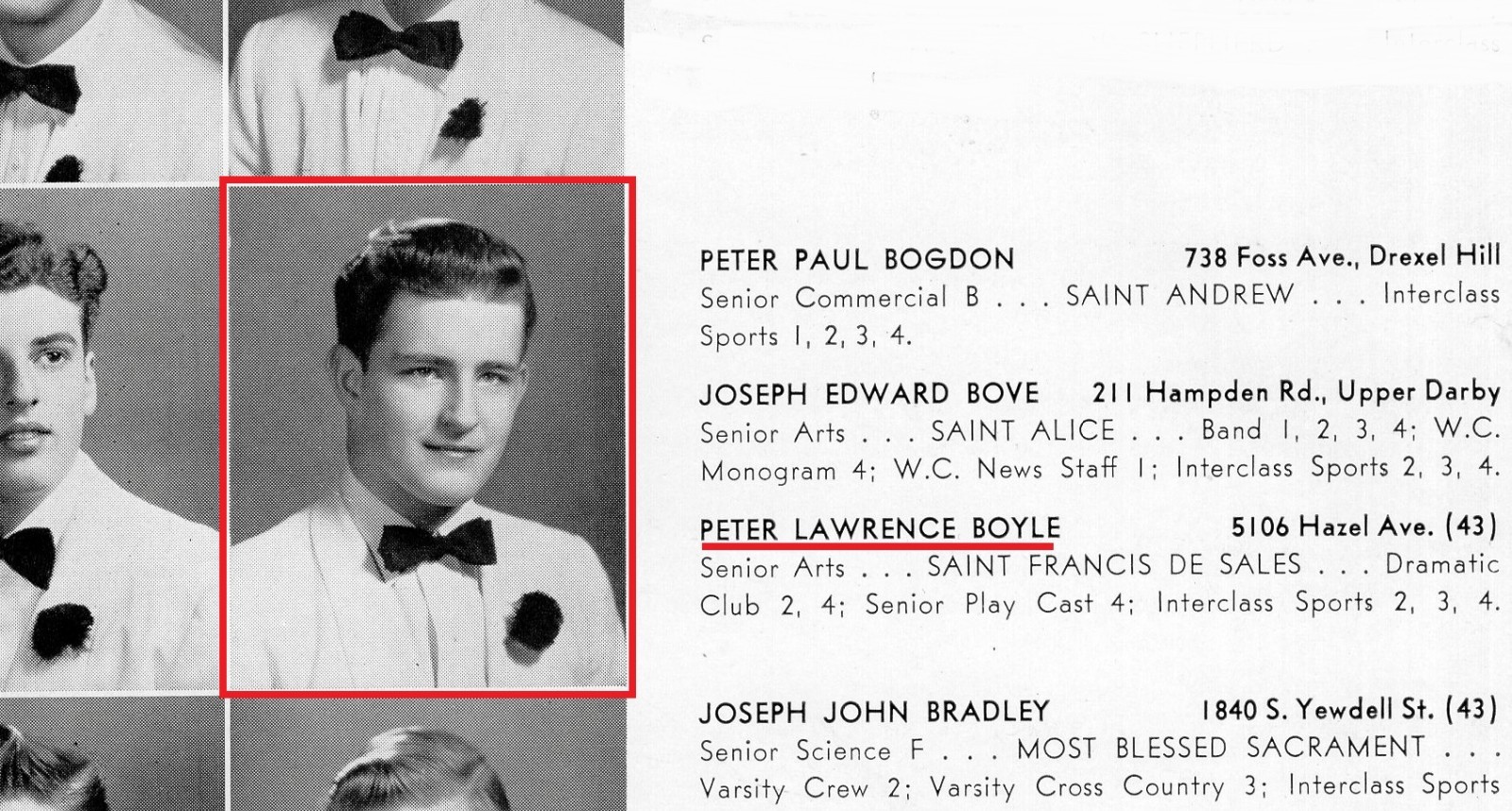 1950s PETER BOYLE sr High School Yearbook ~  Young Frankenstein ~ Wilt the Stilt