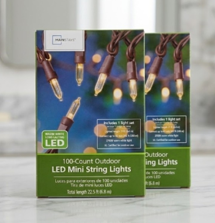 Two - Mainstays 100 Count Outdoor LED Mini Lights Brown Wire Warm White 22.5\'