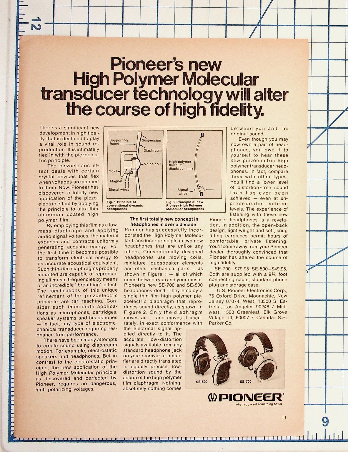 Pioneer SE-700 SE-500 Headphones Ad High Polymer Technology Hi-Fi Ephemera