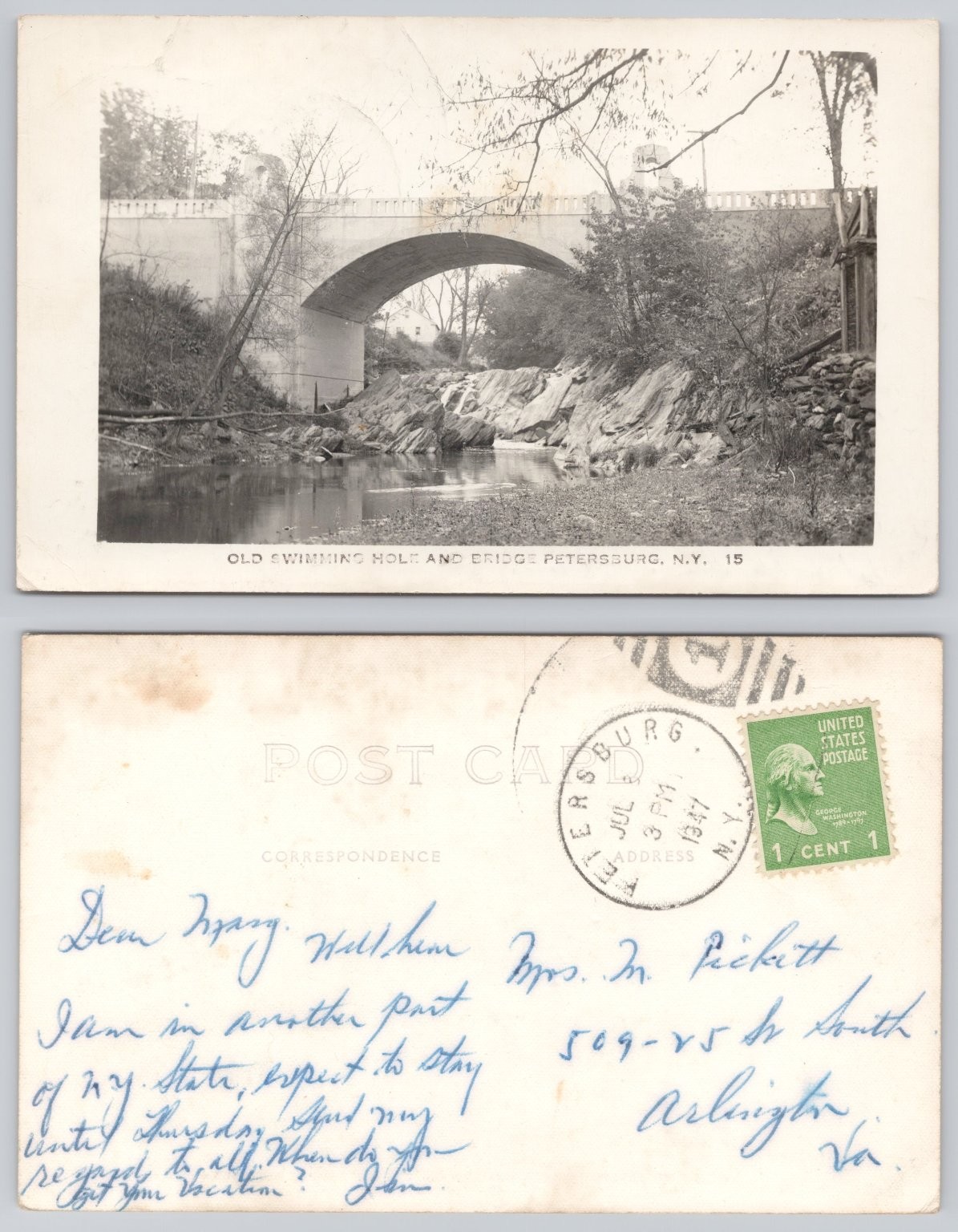 Vintage 1947 Petersburg NY Old Swimming Hole & Bridge RPPC Postcard