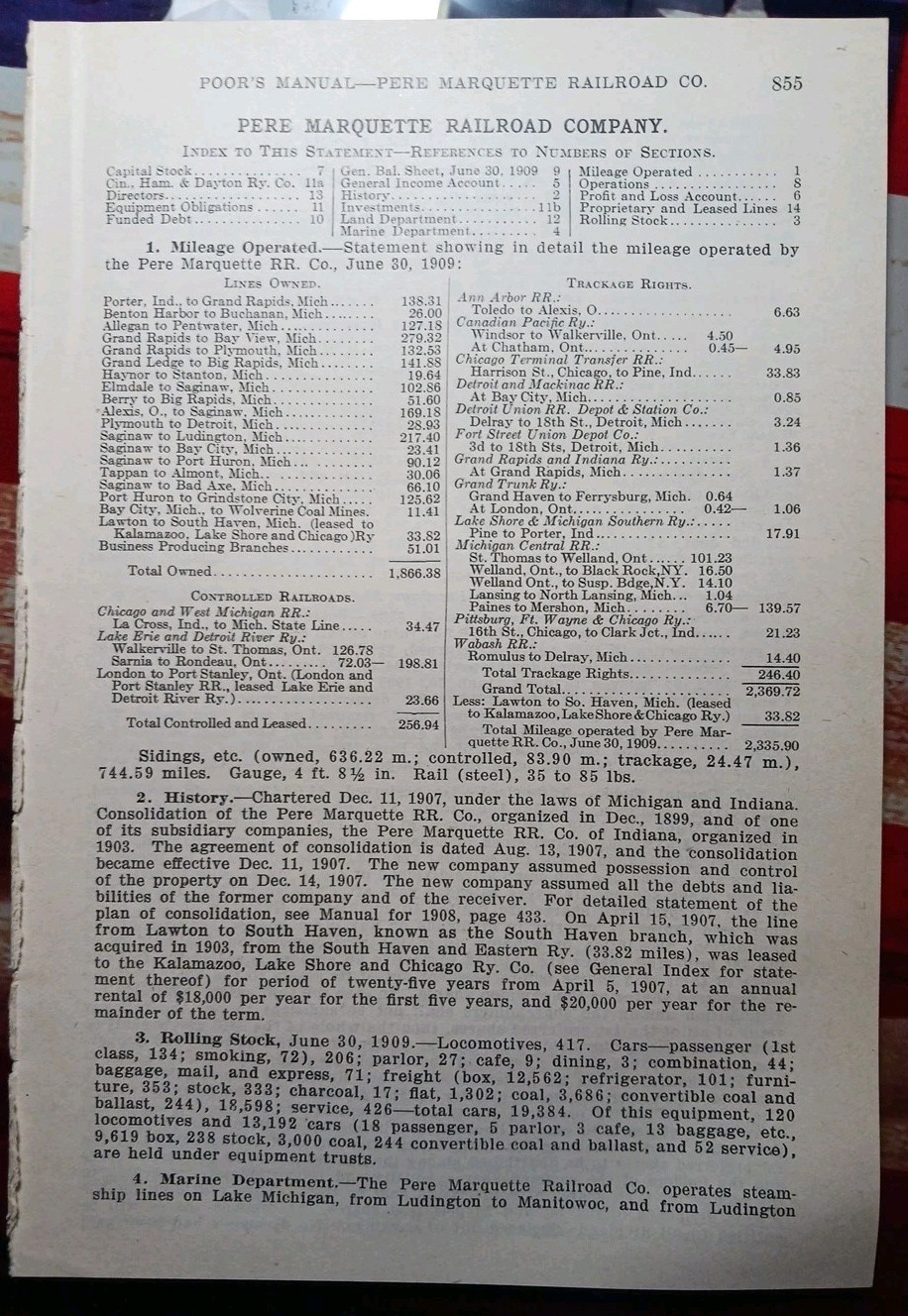 ~1910 Annual Train Report PERE MARQUETTE RAILROAD All Lines Rolling Stock Info