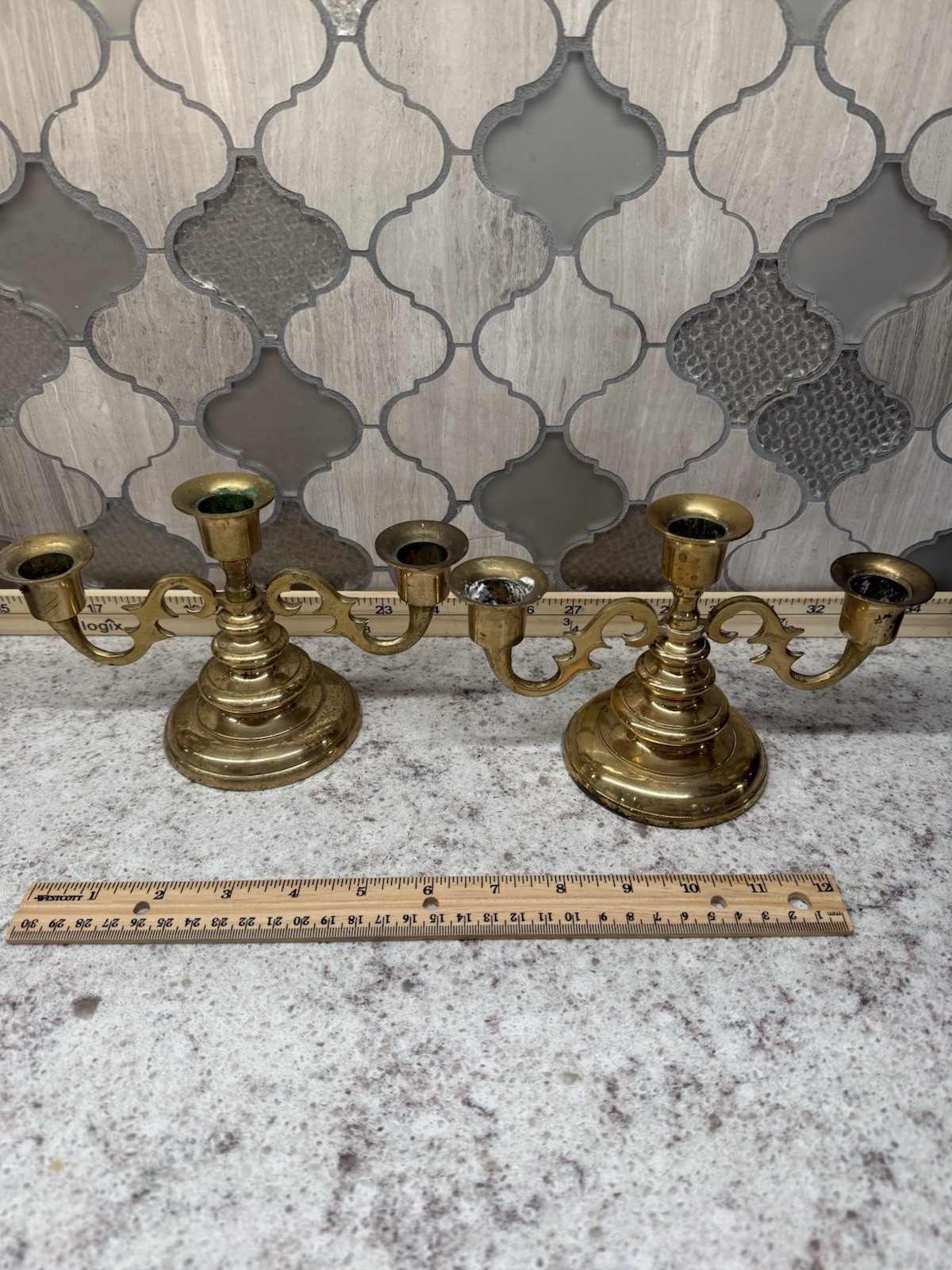 Vintage Pair Brass Triple Candle Holders Candelabra 5”x 7” Made In Japan