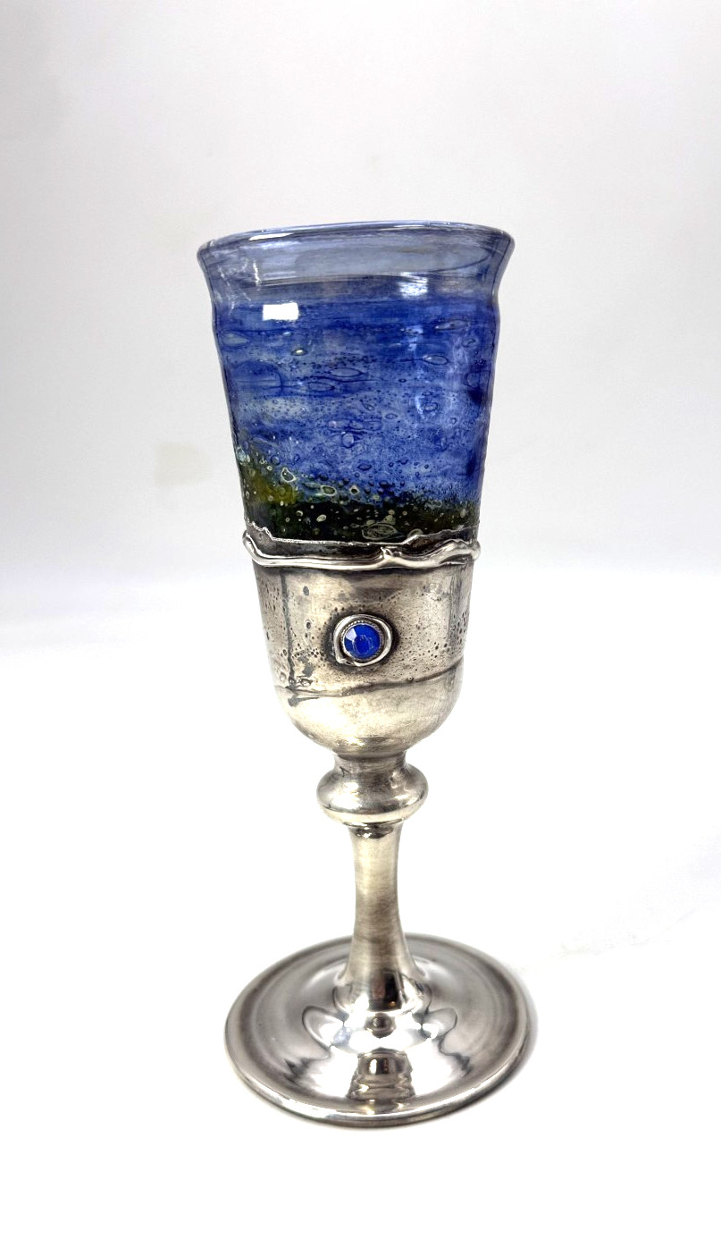 Vintage Hand Made 925 Sterling Silver and Blue Art Glass Kiddush Cup Israel