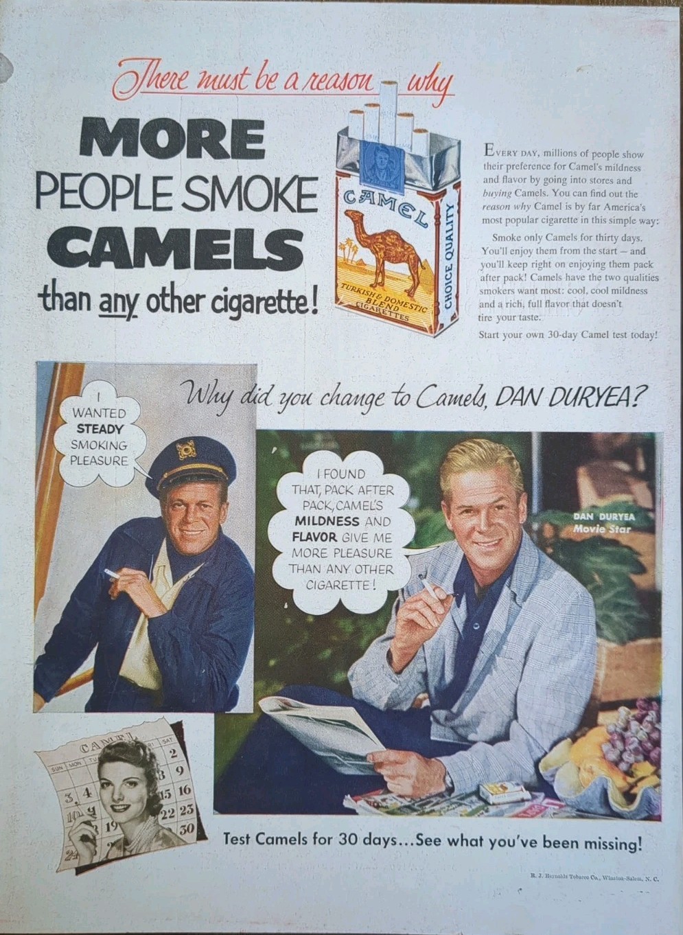 1953 Camel Cigarette Print Ad, Dan Duryea Hollywood Movie Star Actor