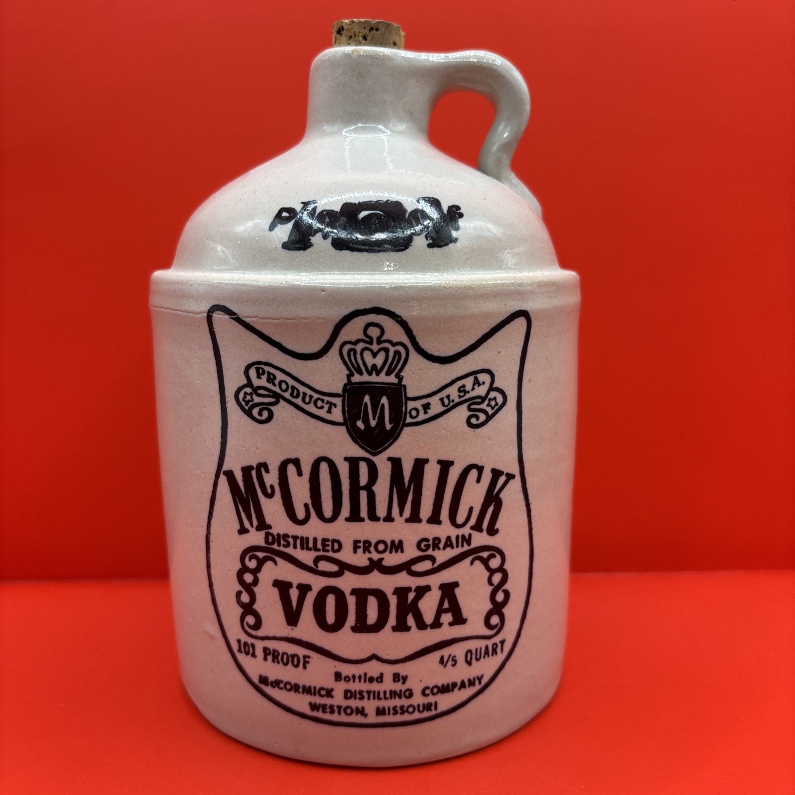 VTG McCormick Vodka 4/5 Quart Pioneer Jug - Weston, Missouri - Empty w/ Cork