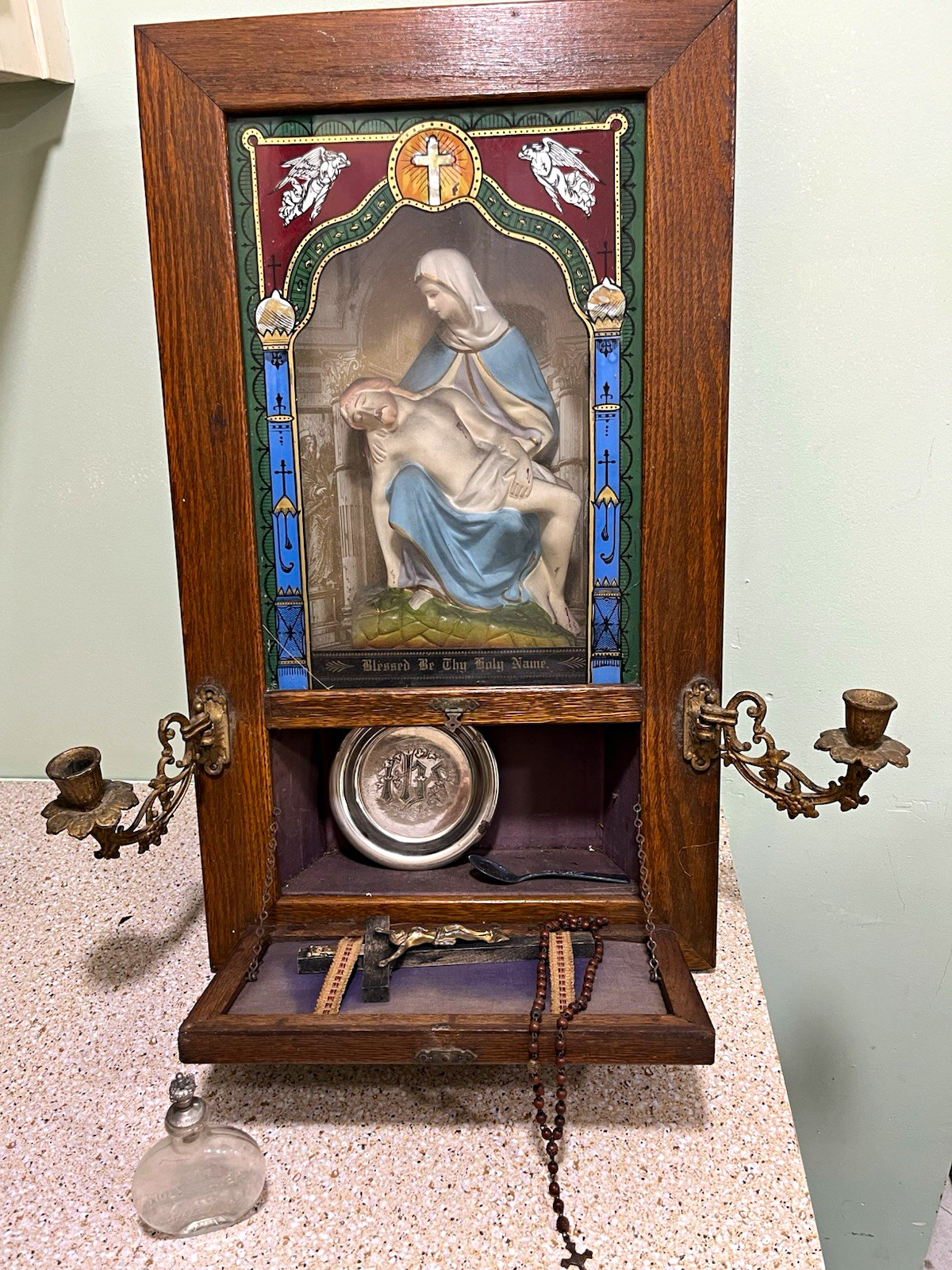 Antique Catholic Last Rites Shadow Box Oak Altar Sick Call Viaticum Pieta Shrine