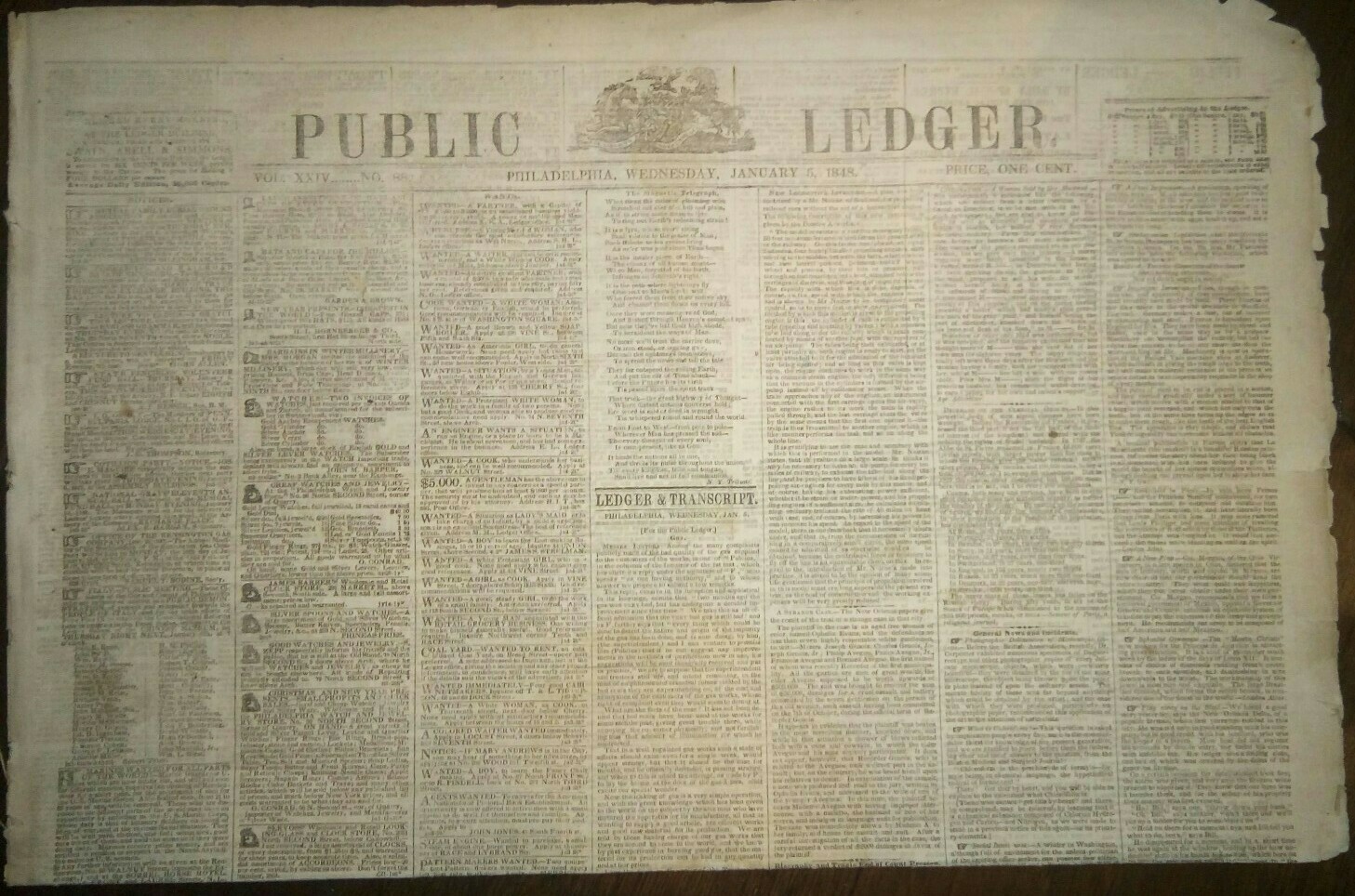 Jan. 5, 1848 Philadelphia Pubic Ledger Newspaper ~ Mexican - American War 