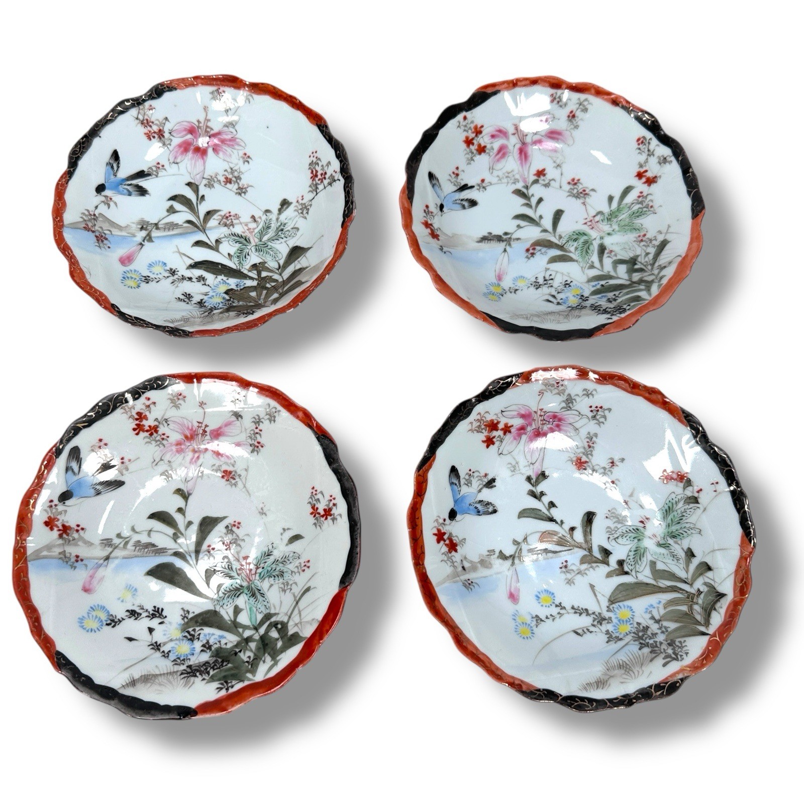 Antique Japanese Porcelain Plates Birds Floral Set of 4 High Rimmed Hand Painted